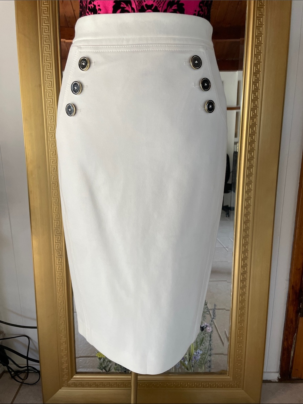 White House Black Market Ivory Pencil Skirt with Nautical Buttons